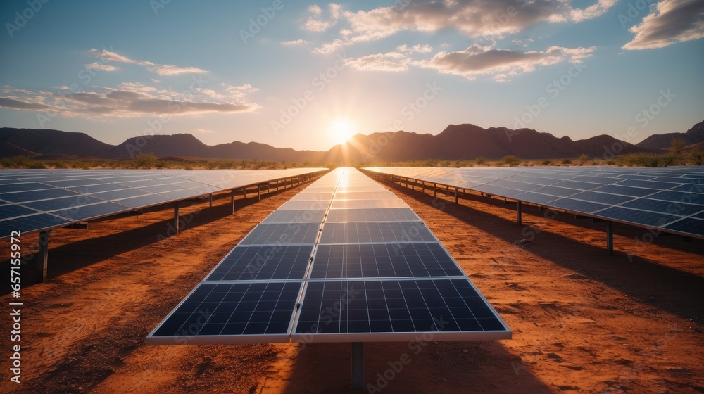 Solar panels in the desert at sunset.