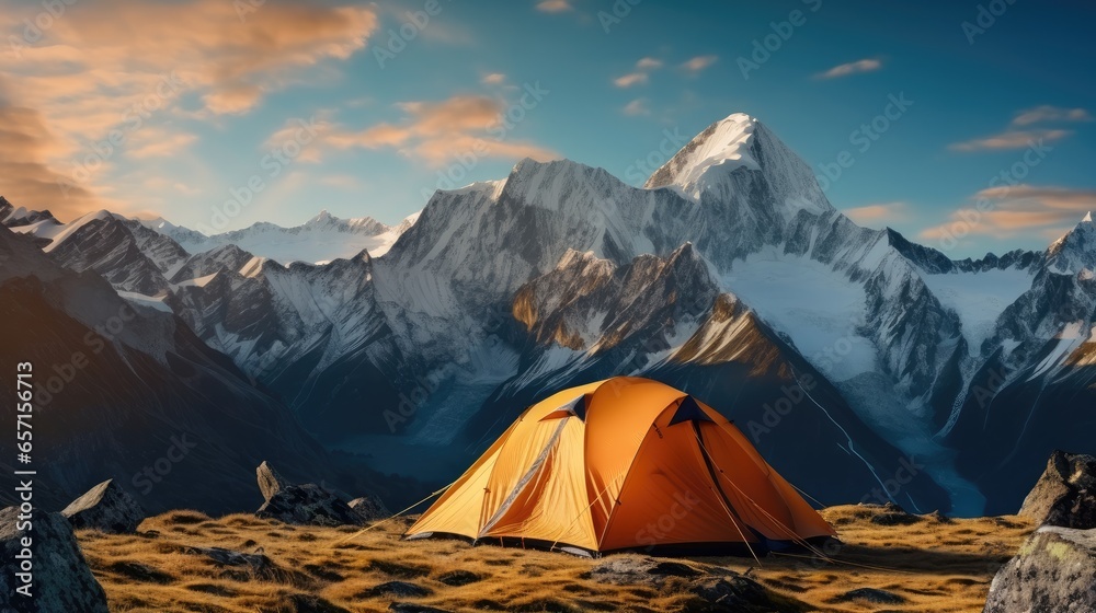 Tent orange on beautiful mountain landscape.