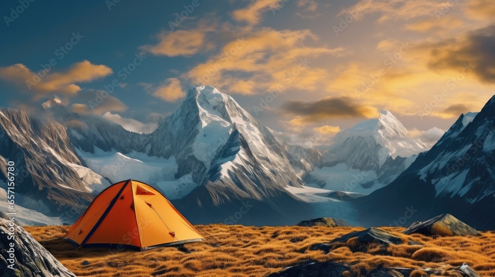 Tent orange on beautiful mountain landscape.