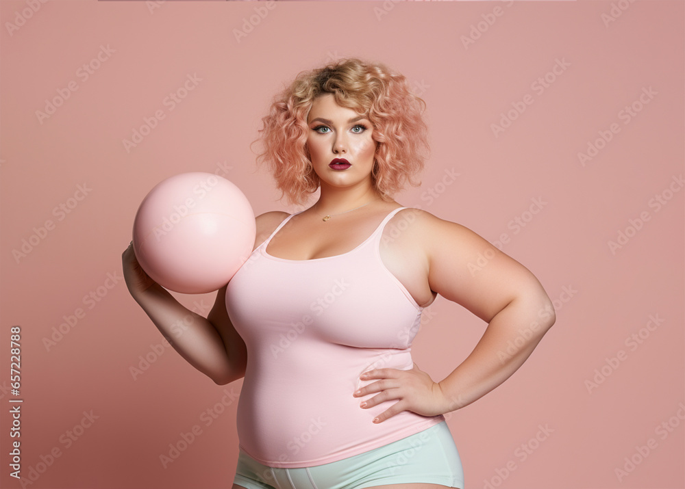 Overweight woman in sportswear holding a ball. Weight loss and exercise concepts.