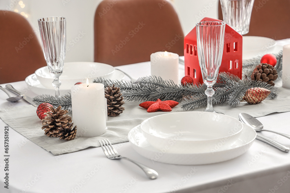 Festive table setting with Christmas decor at home