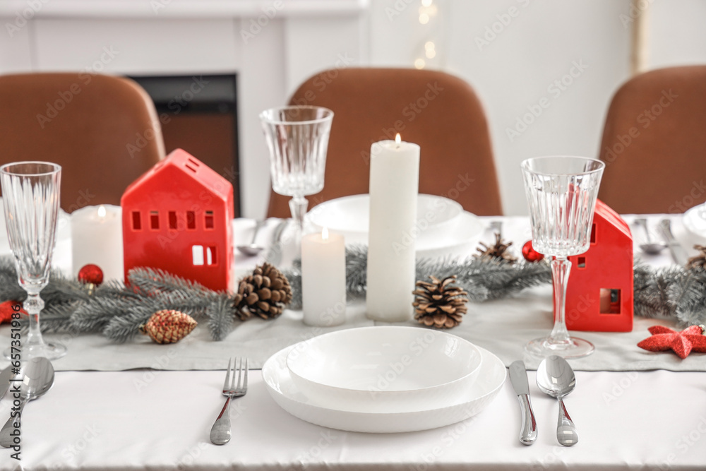 Festive table setting with Christmas decor at home