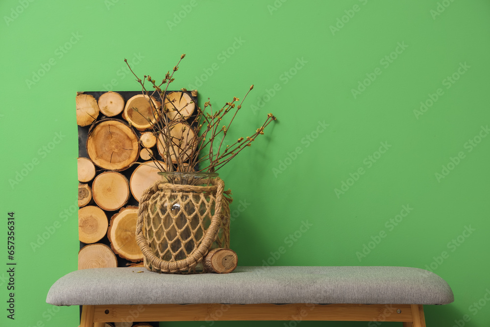 Vase with tree branches on soft bench near green wall