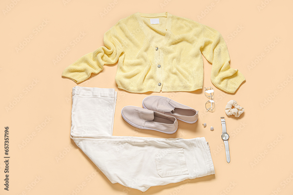 Set of stylish female clothes, accessories and shoes on color background