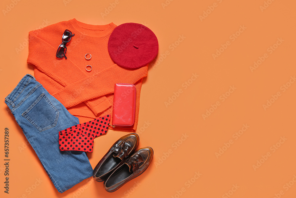 Composition with stylish female clothes, different accessories and shoes on color background