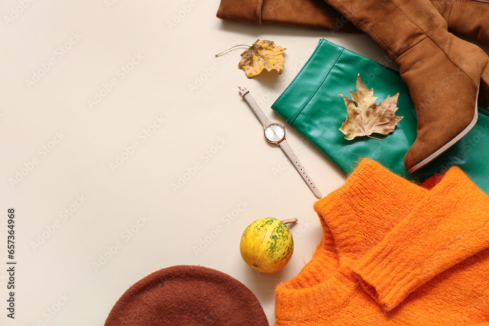 Composition with stylish female clothes, shoes and accessories on color background