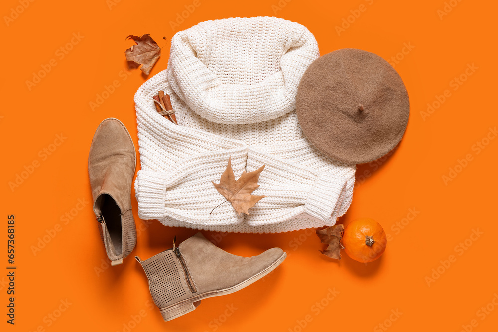 Composition with stylish female clothes, shoes and autumn leaves on color background