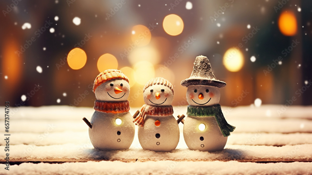 Happy cute snowmen with scarf and hat in an old town