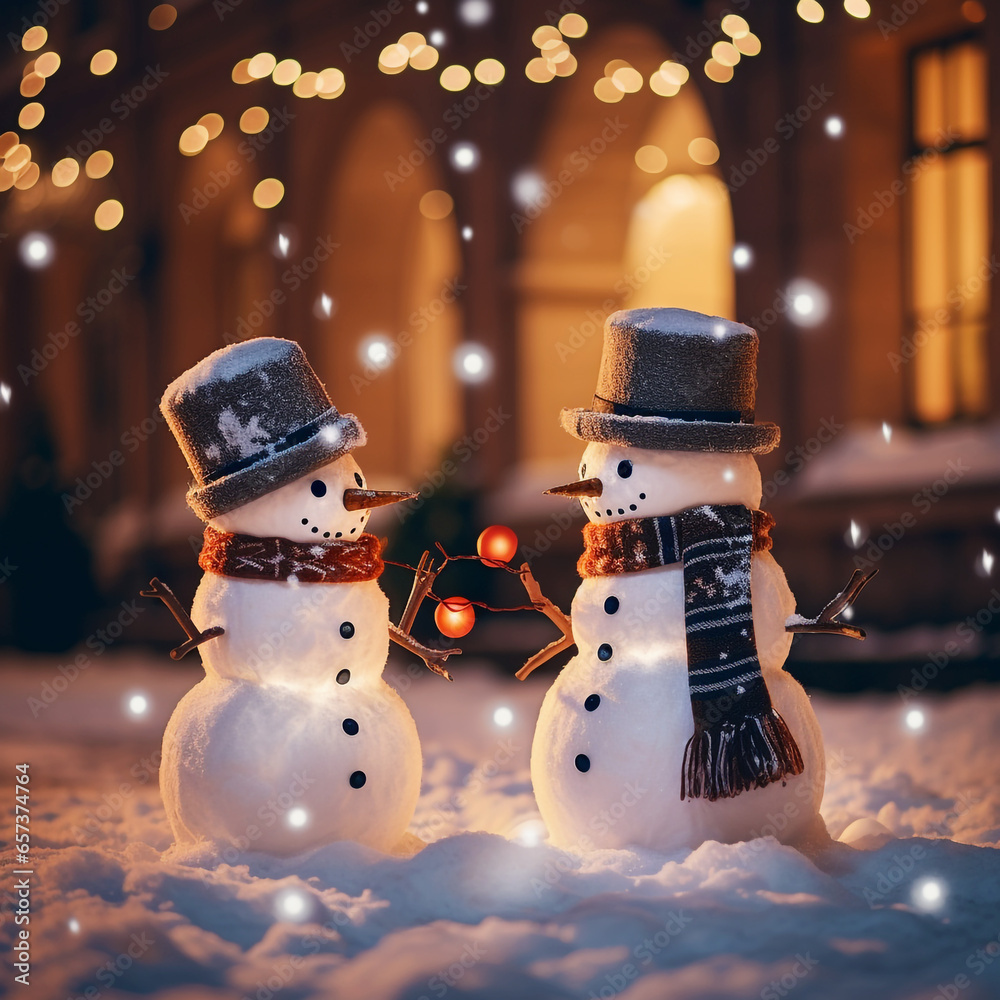 Happy cute snowmen with scarf and hat in an old town