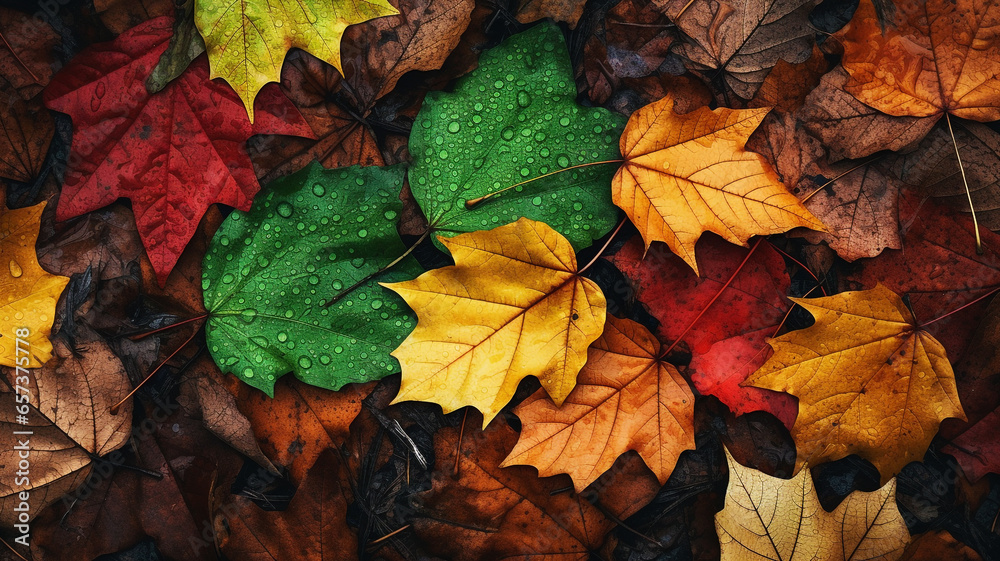 Autumn leaves in many colors on the forest floor