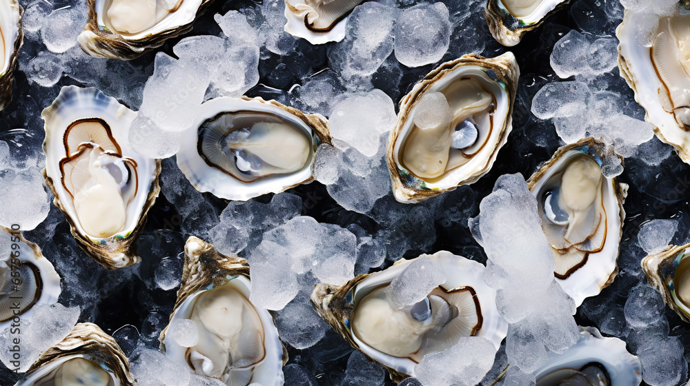 Top view on fresh oysters laying on crushed ice. Seafood background. Generative AI