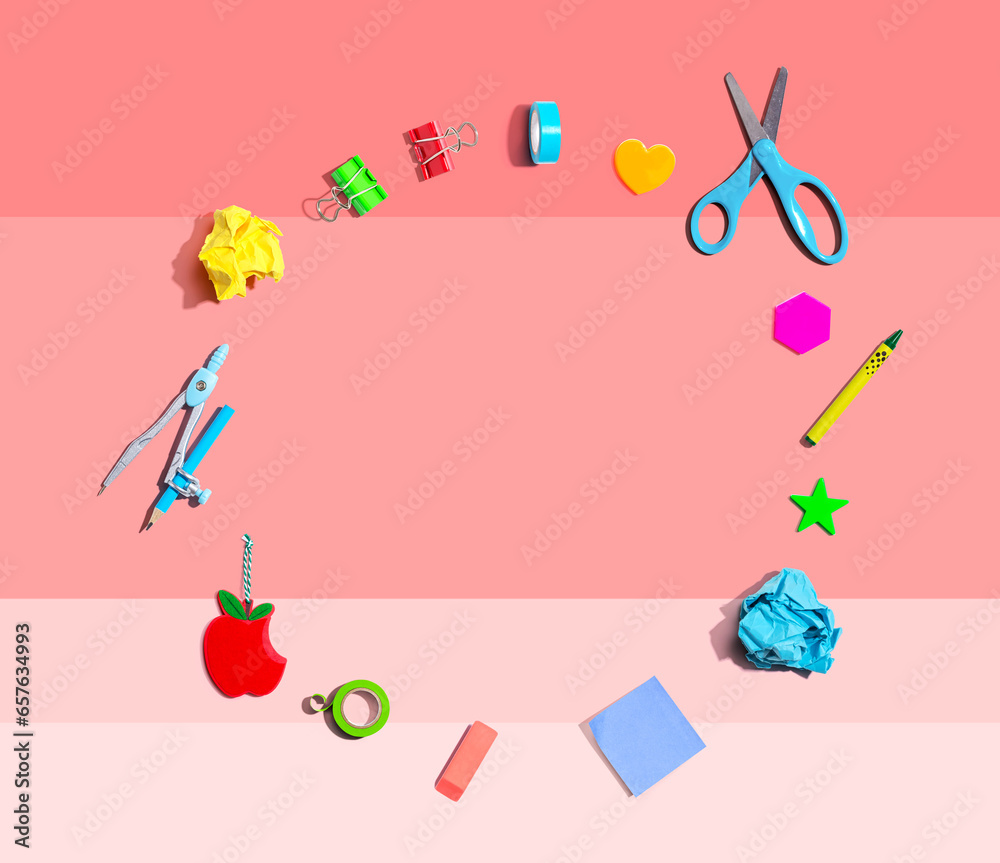 Collection of school supplies overhead view - flat lay