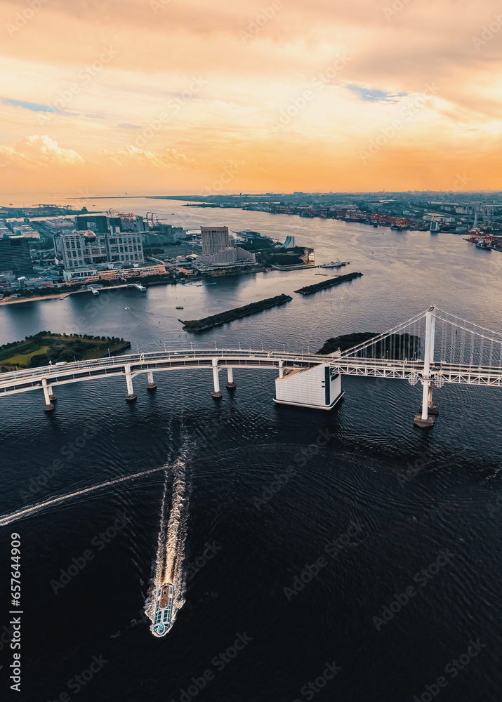 Aerial view of the Rainbow Bridge in Odaiba, Tokyo, Japan