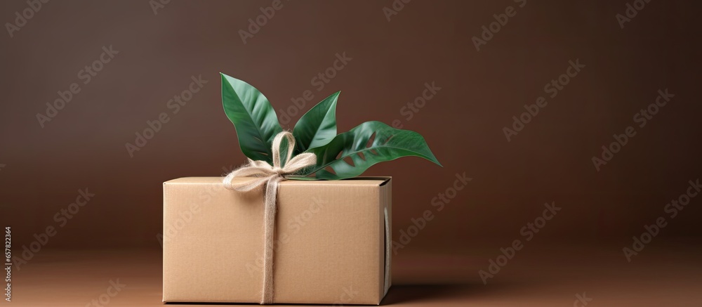 Eco friendly box for delivery or gift with handles co2 neutral tag on brown background