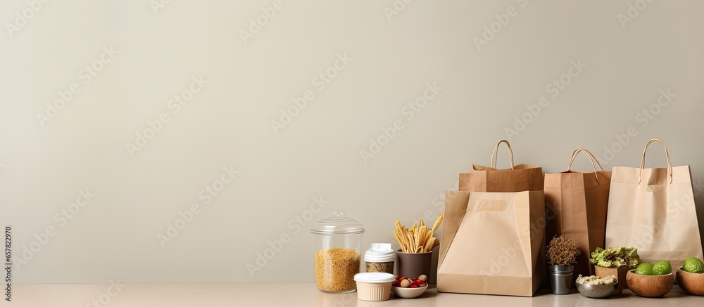 Various packaging options for to go food placed on a table Concept of home delivery online ordering