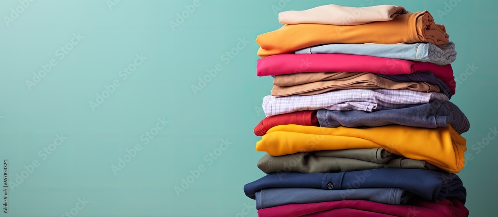 Piled vibrant cotton garments on blank backdrop