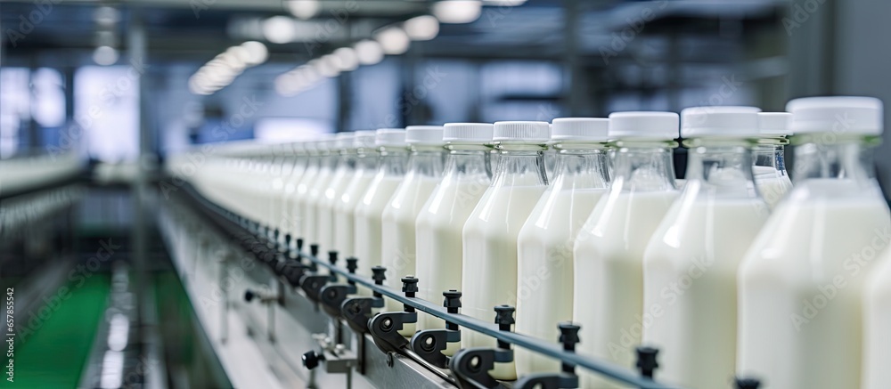 Bottling milk at the dairy factory using equipment