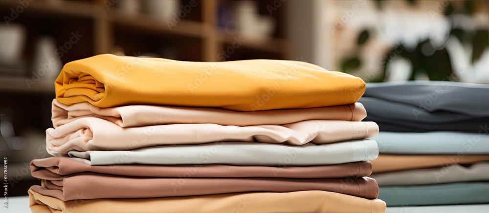 Image of clean bed sheets stacked in front of an industrial washing machine Photographed in a factory emphasizing the machines