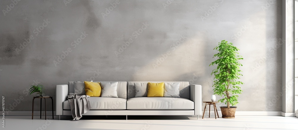 Minimalistic decoration allows the grey sofa to stand out in the bright living room