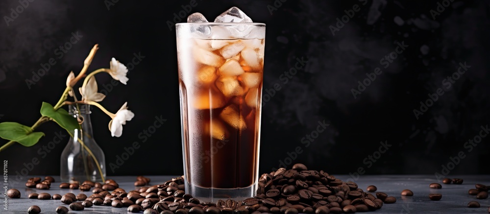 Chilled coffee on a marbled backdrop portraying a refreshing summer beverage