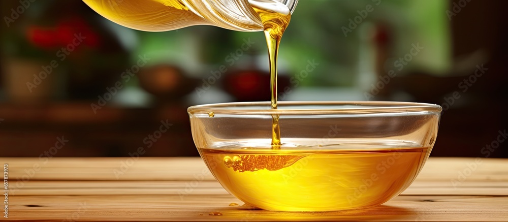 Transferring used oil into container on kitchen table