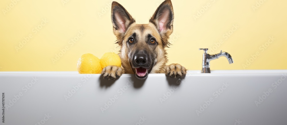 Dog with toy on head and sponge in mouth sitting in bathtub