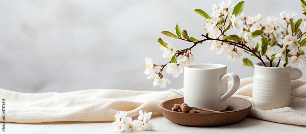 Scandinavian home interior with coffee flowers linen table white wall Morning breakfast