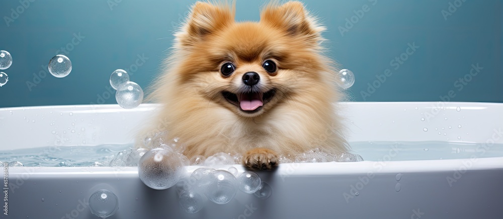 Pomeranian preparing for a bubble bath in a tub