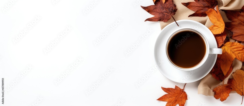 Autumn themed layout featuring coffee sweater leaves white background