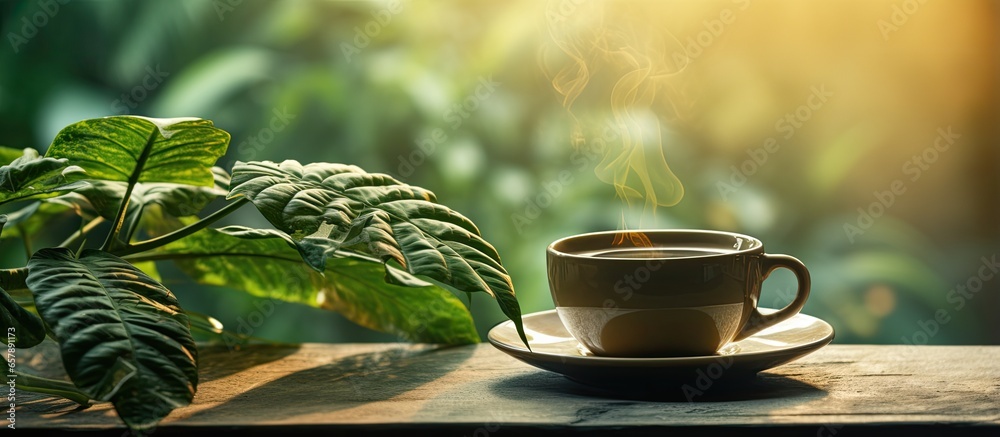 Luxury hotel morning sun coffee in cup and saucer green jungle background