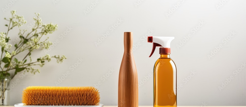 Eco friendly kitchen cleaning products amber brown spray bottle and dish brush for sustainable living