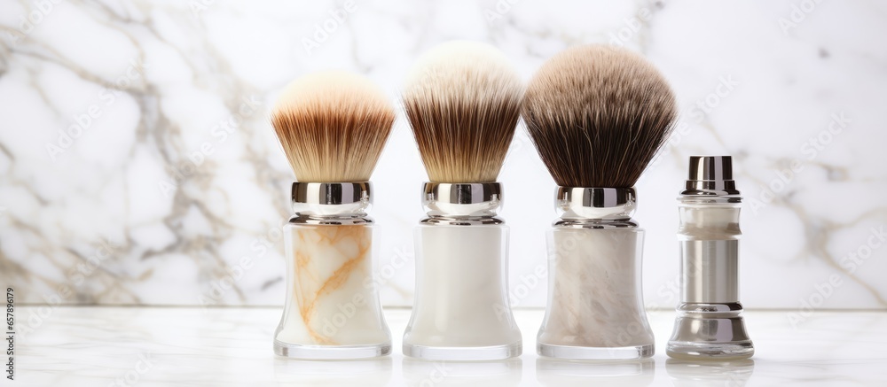 Bathroom countertop holds shaving brushes