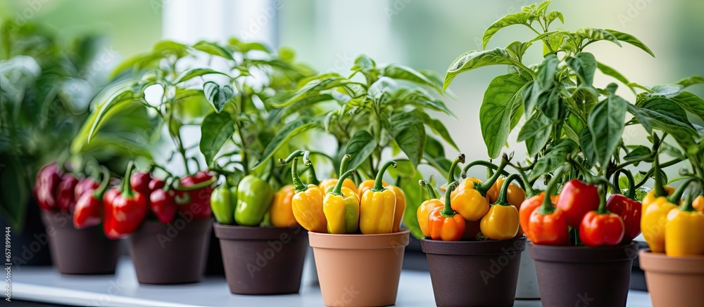 Colorful potted chili peppers indoors with room for text