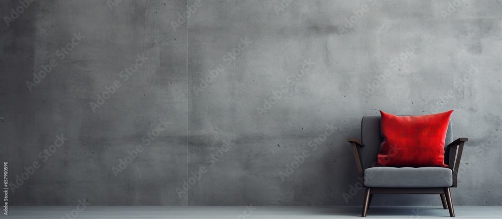 Red cushioned grey chair placed in front of a concrete wall with available space for copying