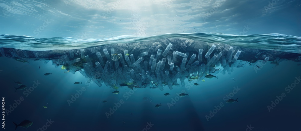 Concept of global warming and water pollution creative iceberg amidst plastic infested ocean