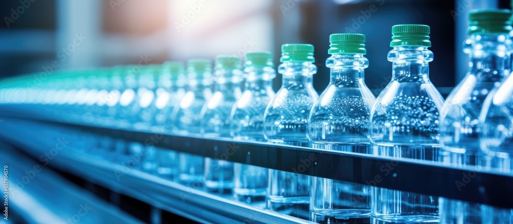 Empty PET bottles on conveyor belt in water factory High tech plastic bottle manufacturing