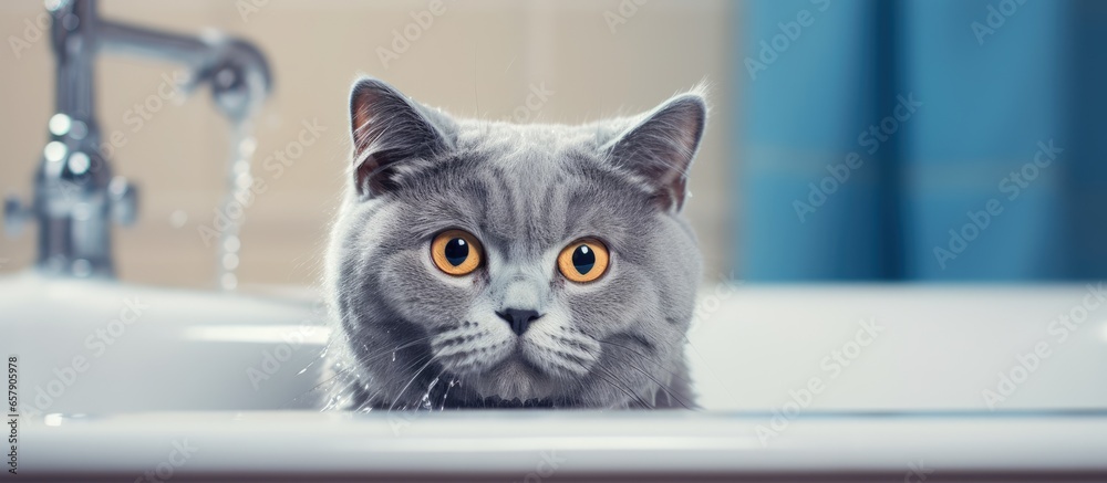 Morning bath for a British cat close up portrait