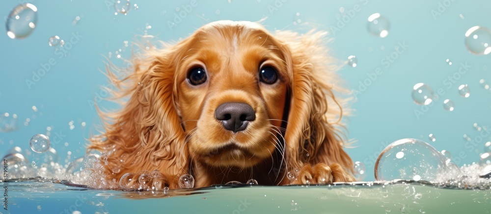 Cocker spaniel pup bathing in bubbles