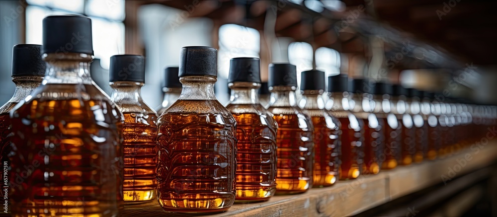 Maple syrup bottles on a rack in a small New Hampshire farm facility