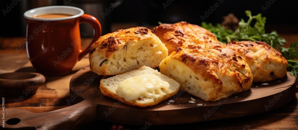 Selective focus on gorgeous cheese breads on rustic wood and a cup of hot coffee