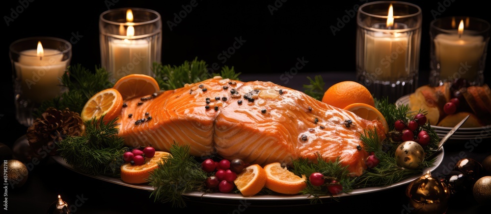 Christmas feast with roasted salmon adorned with wreath and lit candles