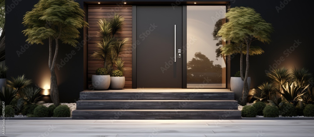 a modern house with black walls stairs and lamps featuring a stylish black front door door mat and trees in pots