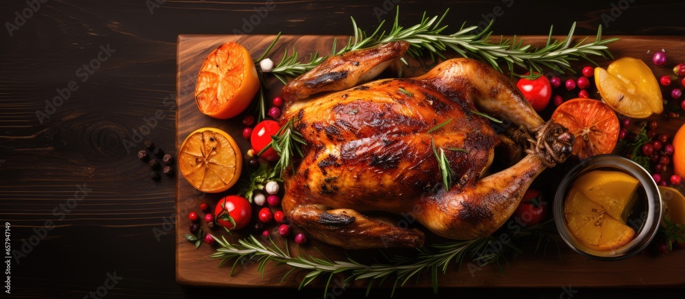 Christmas themed whole roasted chicken shot from above on a wooden surface