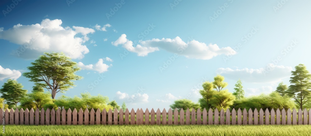 illustration of nature background with an empty green lawn and wooden fence