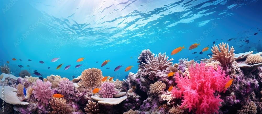 Diverse soft corals and a shoal of fish in a tropical reef