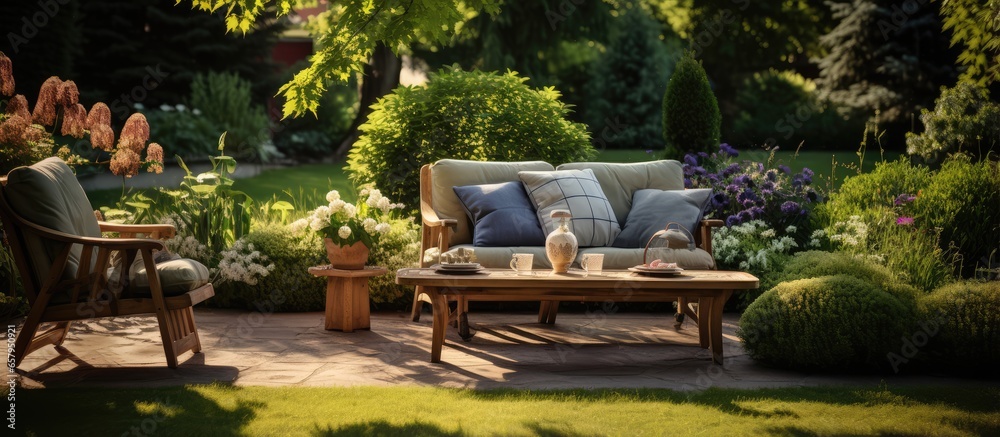 Stylish furniture in a lovely garden on a summer day