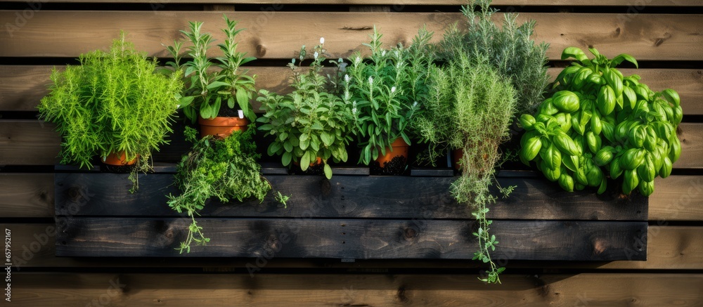 Innovative wooden pallet herb planter hanging on grey fence painted black for plants like rosemary and basil in backyard garden work