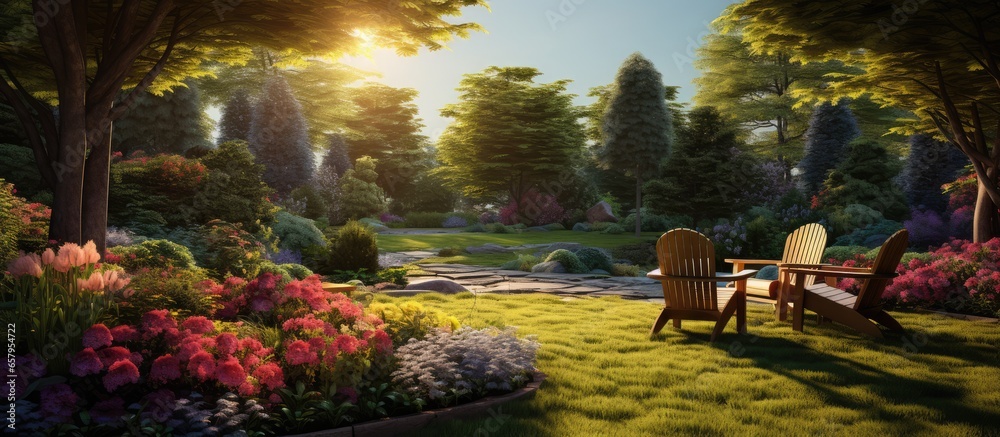 Colorful garden with glasshouse green lawn diverse flowers stone walkway wooden chair morning sunlight