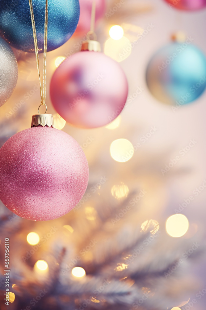 Christmas pastel colored baubles with beautiful bokeh lights