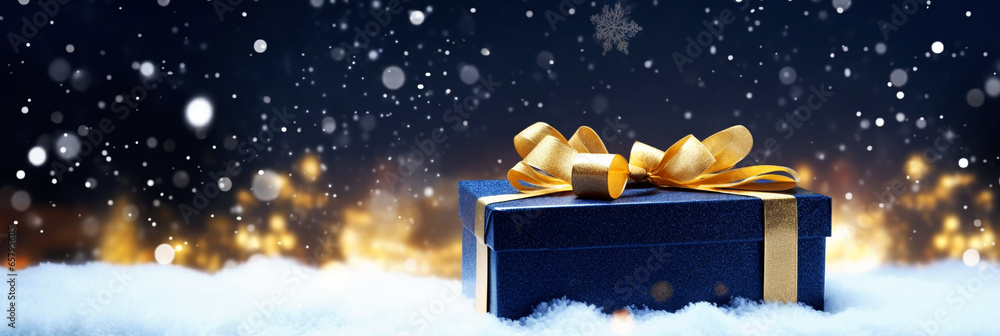 Christmas present gift box with beautiful bokeh lights